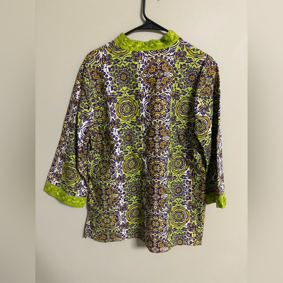 Ecologie Womens Green Purple  V-Neck 100% Linen Tunic Size Large 3/4 Sleeves - Picture 2 of 7